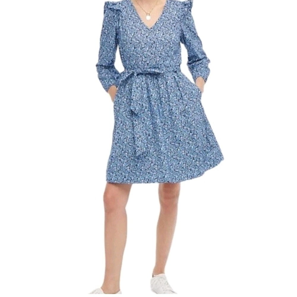 J. Crew‎ Women's Puff Long Sleeve Floral Blue Patterned Dress